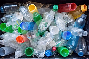 Environmental Crisis, Overflowing Garbage Bin with Plastic Bottles