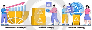 Environmental data analytics, low impact packaging, zero waste technology concept with people character. Reuse reduce recycling