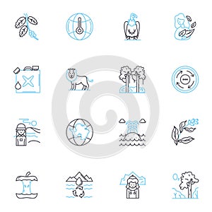 Environmental degradation linear icons set. Pollution, Deforestation, Erosion, Landfill, Overfishing, Acidification photo