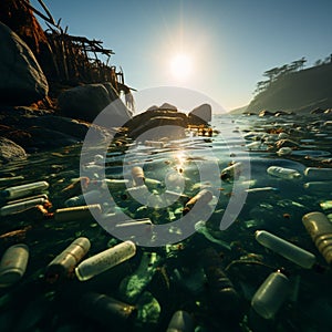 Environmental degradation ocean beset by plastic bottle pollution, emphasizing ecological impact