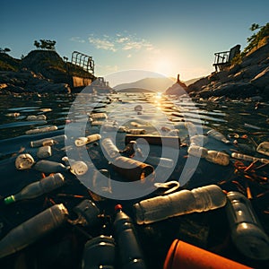 Environmental degradation ocean beset by plastic bottle pollution, emphasizing ecological impact