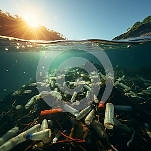 Environmental degradation ocean beset by plastic bottle pollution, emphasizing ecological impact