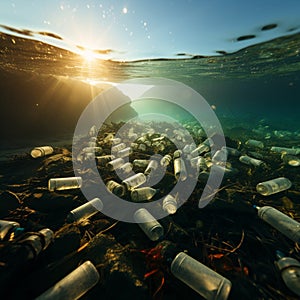 Environmental degradation ocean beset by plastic bottle pollution, emphasizing ecological impact