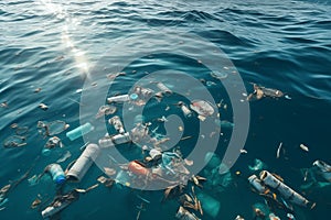 Environmental disaster concept with garbages all over in the sea. AI Generated Image