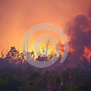 Environmental disaster Forest fire leaves burned trees in its wake