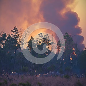 Environmental disaster Forest fire leaves burned trees in its wake