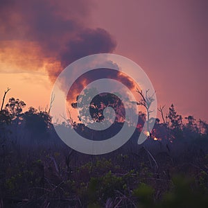 Environmental disaster Forest fire leaves burned trees in its wake