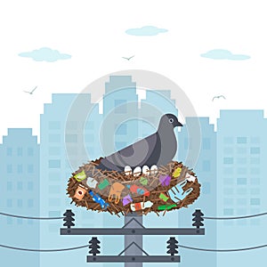 Environmental disaster plastic waste in the city. mother pigeon hatches eggs in a nest full of garbage and household