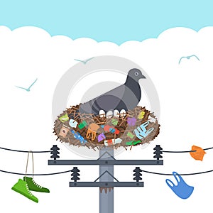 Environmental disaster plastic waste in the city. mother pigeon hatches eggs in a nest full of garbage and household