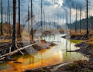Environmental disaster - polluted forest waterway