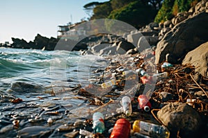 Environmental disaster. trash washed up on beach, seashore pollution caused by storm