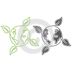 Environmental, eco world planet, earth globe with leaf. Vector outline logo icon template