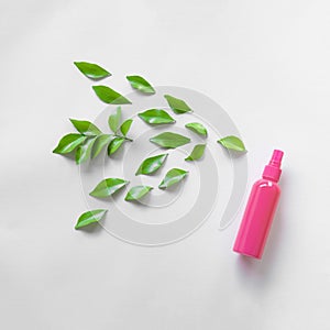 Environmental facility. Eco Cleaning tools. Bottle with spray nozzle and green leaves on white background