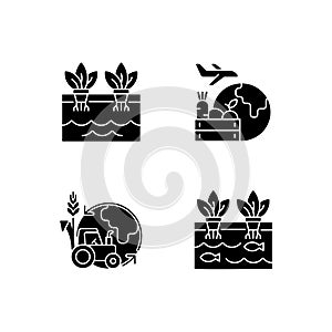 Environmental farming black glyph icons set on white space