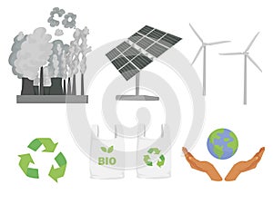 Environmental friendliness concept icons set. carbon-free energy sources. carbon-free production, no carbon dioxide emissions.