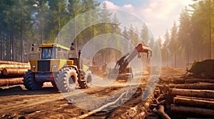 Environmental Impact. Logging equipment in deforestation causes irreversible harm to the environment, releasing carbon emissions photo
