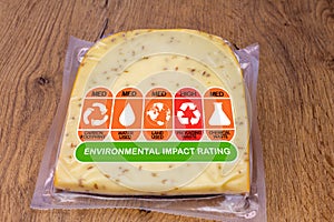 Environmental Impact Rating on packet of cheese with high, med and low ratings for food