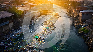Environmental Impact, A river choked with plastic waste flowing past a crowded.