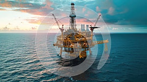 An environmental perspective of an oil rig, highlighting renewable energy solutions such as wind turbines or solar