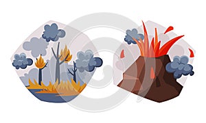 Environmental Pollution Cause and Source with Wildfire and Volcanic Eruption Vector Set