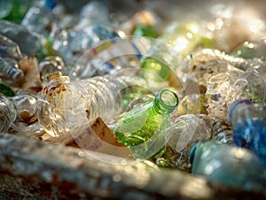 Environmental pollution caused by discarded plastic bottles and containers illuminated by sunlight amidst a pile of mixed waste