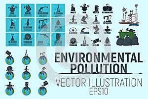 Environmental Pollution Concept Icon and Label. Earth and Water Pollution Logo. Technogenic Catastrophe Symbol, Icon and Badge.