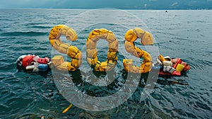 Environmental pollution, ecological problem concept. Inscription SOS made from plastic water bottles washed up on shore