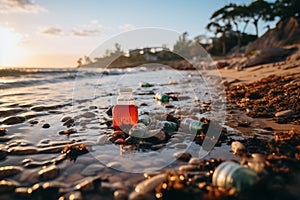 Environmental pollution. garbage washed ashore by the storm littering the seashore beach