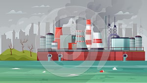 Environmental pollution  illustration. Air pollution, pollutant fog gas and industrial smog. Factories emitting smoke