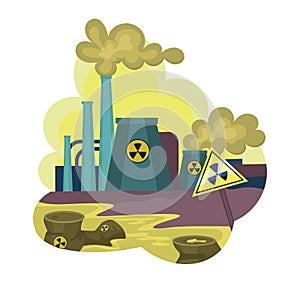 Environmental pollution by industrial dirty waste, nuclear pollution. Smoke through the pipes gets into air, toxic waste chemicals