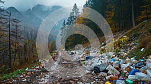 Environmental pollution. massive heaps of plastic waste and garbage dumped in the mountains