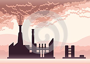 Environmental pollution poster. Smoke from a factory chimney. Vector illustration with copy space.