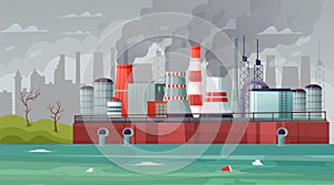 Environmental pollution vector illustration. Air pollution, pollutant fog gas and industrial smog. Factories emitting smoke