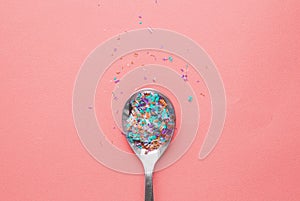Environmental pollution and water microplastic. Micro plastic with spoon