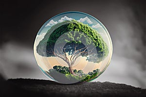 Environmental problems in the future. Confronting Future Environmental Challenges. Green tree inside light bulb with a gray dirty