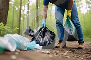 Environmental problems. A man in a protective glove collects plastic garbage in nature, volunteers clean the forest from