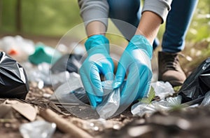 Environmental problems. A man in a protective glove collects plastic garbage in nature, volunteers clean the forest from