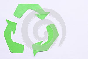 Environmental protection, ecology and recycling concept, recycle sign, notepad and garbage on white background