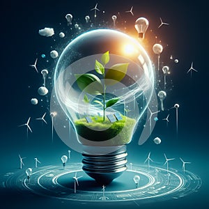 Environmental protection, renewable, sustainable energy source. Plant growing in a bulb concept. Earth day