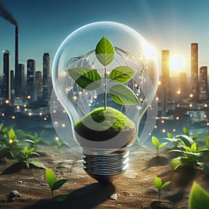 Environmental protection, renewable, sustainable energy source. Plant growing in a bulb concept. Earth day