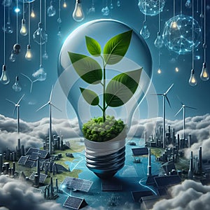 Environmental protection, renewable, sustainable energy source. Plant growing in a bulb concept