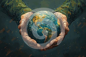 Environmental stewardship: hands hold Earth