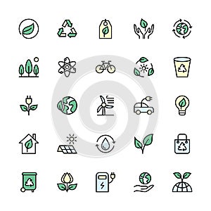 Environmental sustainability and energy sources in minimal style. Color symbols of eco. Simple set of vector linear