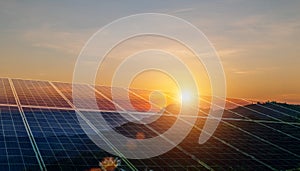 Environmental sustainable energy concept. Solar panels clean energy generating electricity. Photovoltaic cells on the sunset