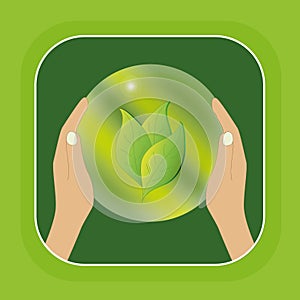 Environmental symbol: hands hold a glass sphere with leaves.