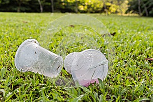 Environmental unfriendly non-biodegradable PVC cup litter in public park