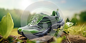 Environmentalfriendly Running Shoes In The Outdoors Symbolizing Ecoconscious Choices In Footwear And A Connection To Nature photo