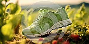 Environmentalfriendly Running Shoes In The Outdoors Symbolizing Ecoconscious Choices In Footwear And A Connection To Nature