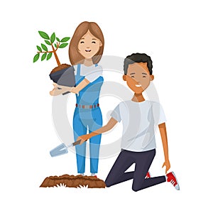 Environmentalists couple planting tree characters
