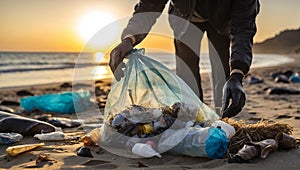 Environmentally conscious woman cleaning up trash on a sandy beach during a breathtaking sunset